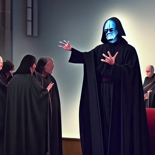 Image similar to emperor palpatine preaching to people at church, 8k cinematic lighting, very sharp detail, anatomically correct