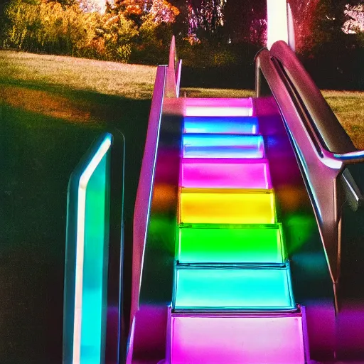 Image similar to a colour Polaroid photo of a side profile free standing illuminated escalator with iridescent Perspex panels in a field, nostalgic