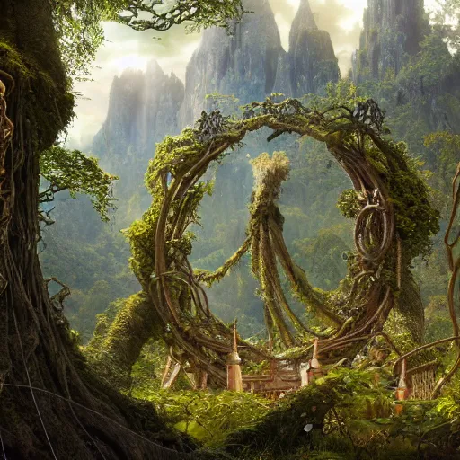 Image similar to a beautiful and highly detailed matte painting of an elven temple in a magical fantasy garden in a lush forest in the mystical mountains, celtic knots, tangled trees, knotted vines, intricate details, epic scale, insanely complex, 8 k, sharp focus, hyperrealism, very realistic, by caspar friedrich, albert bierstadt, james gurney, brian froud,