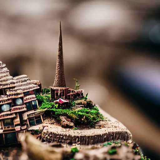 Image similar to macro photo of a miniature secret hidden world with tiny buildings and people inside of a coconut