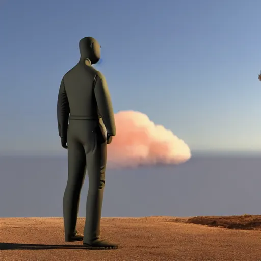 Image similar to a mannequin standing in a hill with a nuclear detonation in the background, 3 d render, octane, ray tracing, ultra detailed, photorealistic, ultra high resolution, 8 k