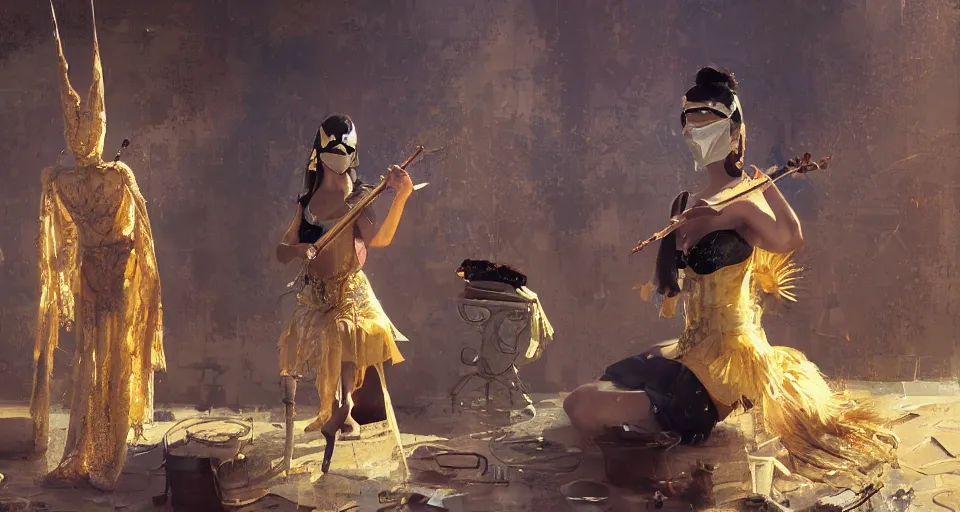 Image similar to craig mullins and ghibli digital art of a masked female play violin on the stage ， exotic costumes, gold jewelry, black hair, realistic shading, cinematic composition, realistic render, octane render, detailed textures, photorealistic, wide shot