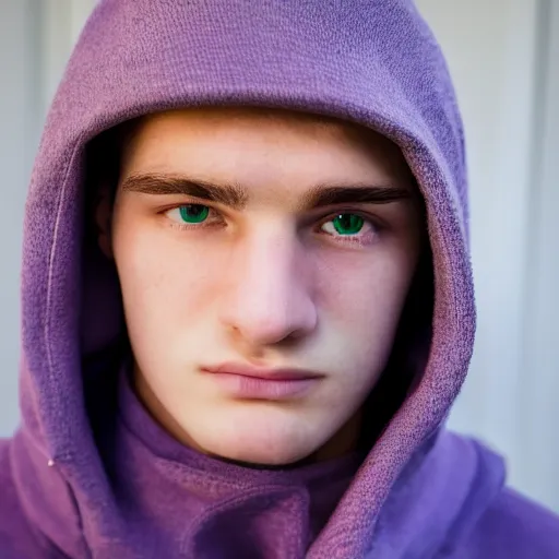 Image similar to close up of face of a 1 8 year old man, with white hair, green eyes, wearing a purple hoodie, lazy, 8 5 mm f / 1. 4