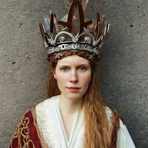 Prompt: photo of a beautiful nordic queen with ornate crown and cloak, 35mm