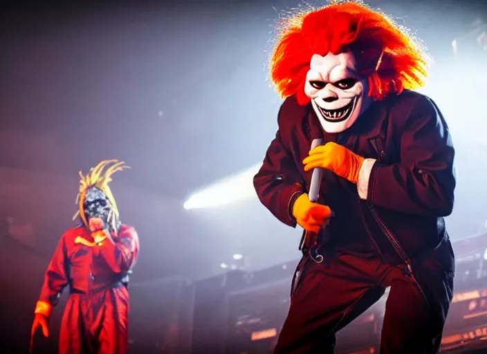 Image similar to publicity photo still of ronald mcdonald wearing a slipknot mask touring with slipknot live on stage, 8 k, live concert lighting, mid shot