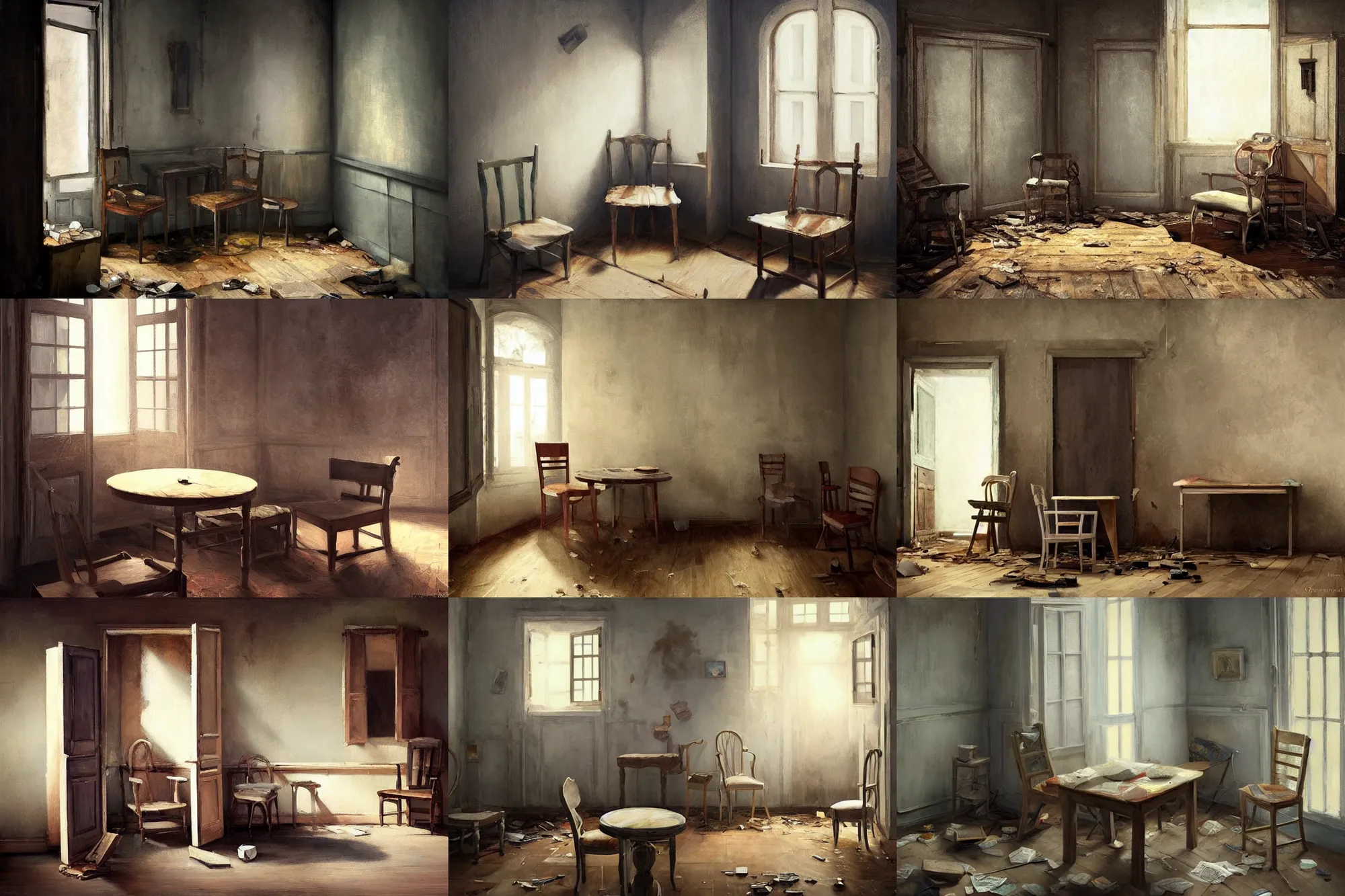 Prompt: dilapidated room with furniture ( chair, armchair, beside table ) stacked against the door, cinematographic shot | painted by caravaggio and mandy jurgens and rossdraws and rhads | featured on artstation