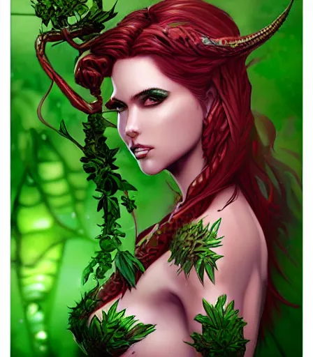 Prompt: hyper detailed comic illustration of a Elfpunk Poison Ivy ,tall, fair skin, curvaceous, gorgeous face, by artgerm, intricate details, low angle fish eye lens