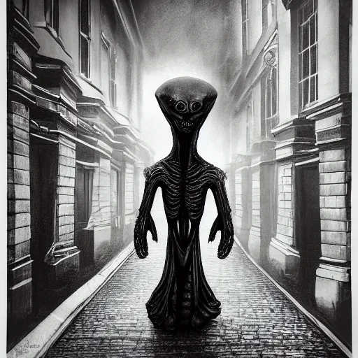 Image similar to terrifying alien creature walking through the center of old london city late at night, lamp lit street, oil painting, gloomy misty atmosphere, symmetrical, full body image, highly ornate intricate details, very sharp photo,