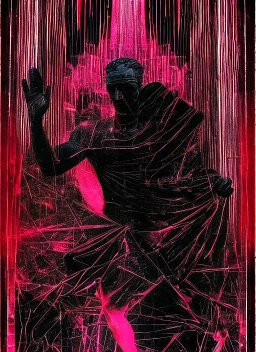 Prompt: elegant dark design poster showing a statue of julius caesar, black background with very subtle red and purple design elements, powerful, nekro, vito acconci, thin straight purple lines, dark, glitch art, neo vaporwave, gritty, layout frame, square, trending on artstation