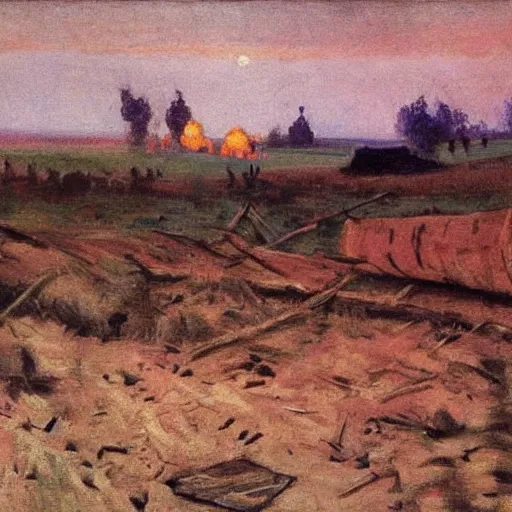 Image similar to frontline near verdun, 1 9 1 6, twilight, by c. r. w. nevinson