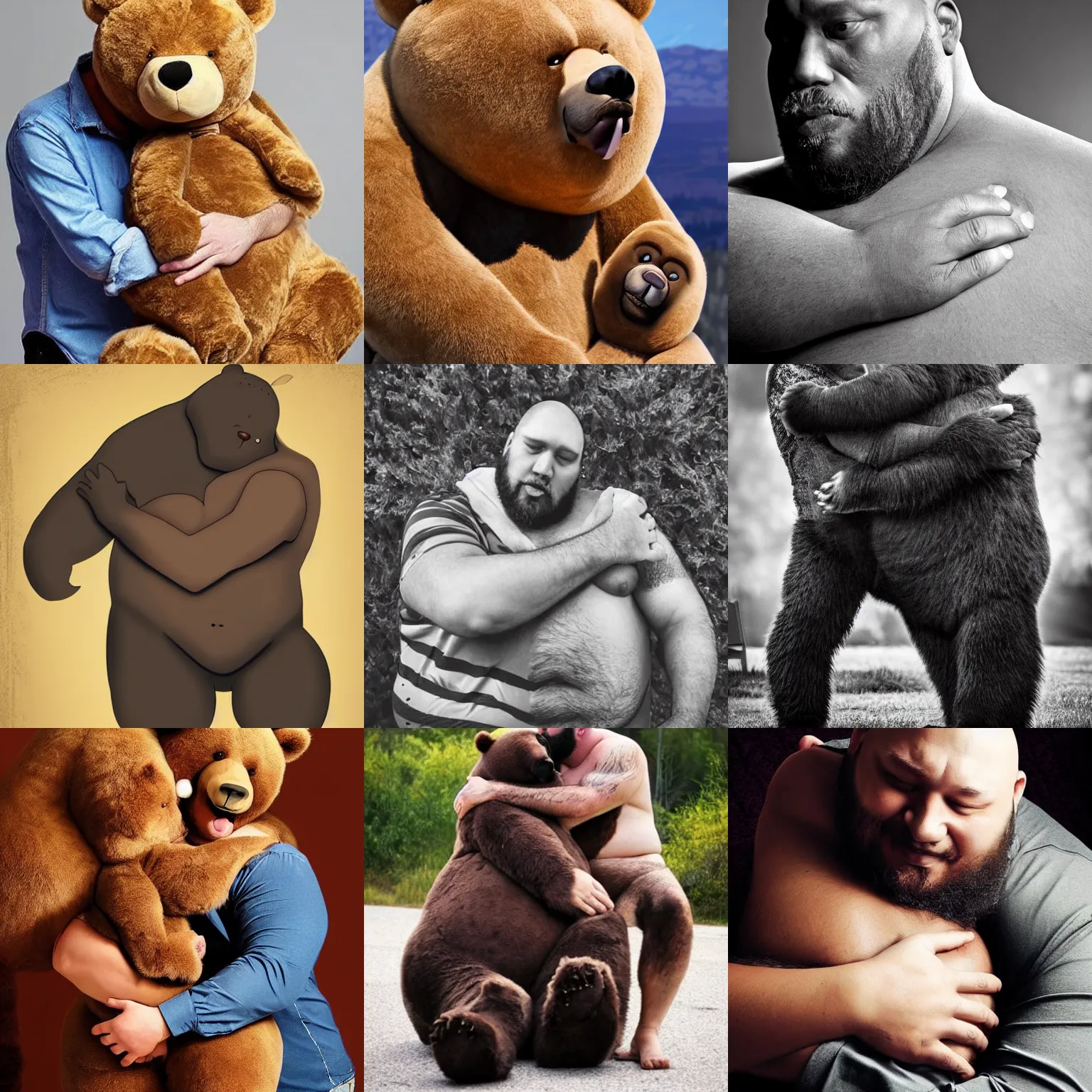 Prompt: big daddy bear, hugging, kissing forehead, caressing, reassuring, big man, manly