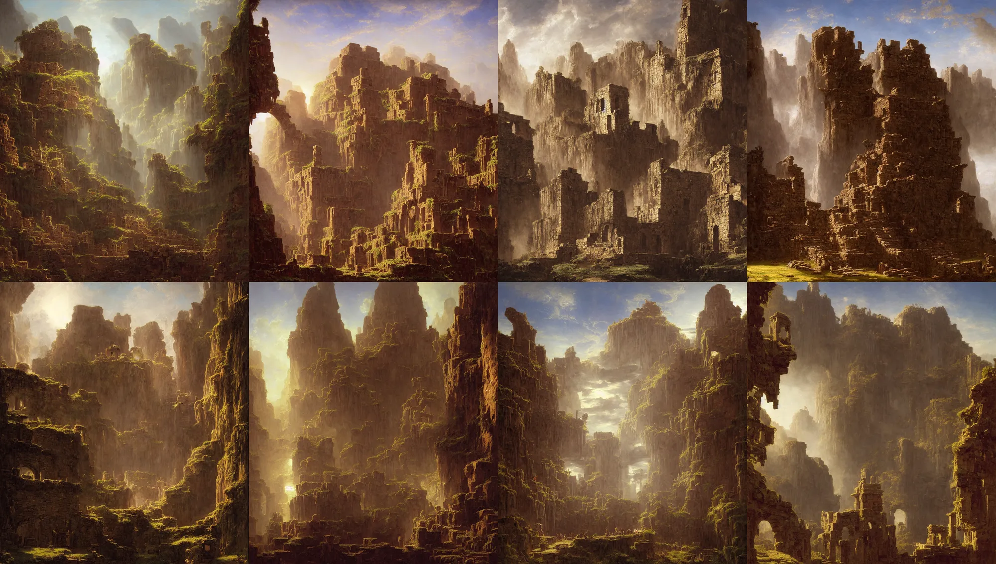 Image similar to aztec ruins built on the walls of a cave by jorge jacinto, albert bierstadt, jim burns, edwin church, frederic thomas cole, brown durand, asher david friedrich, caspar james gurney, johnson heade, martin raphael lacoste, ted nasmith, andreas rocha, christophe vacher, mystical, fantasy, rays of sun light, atmospheric lighting