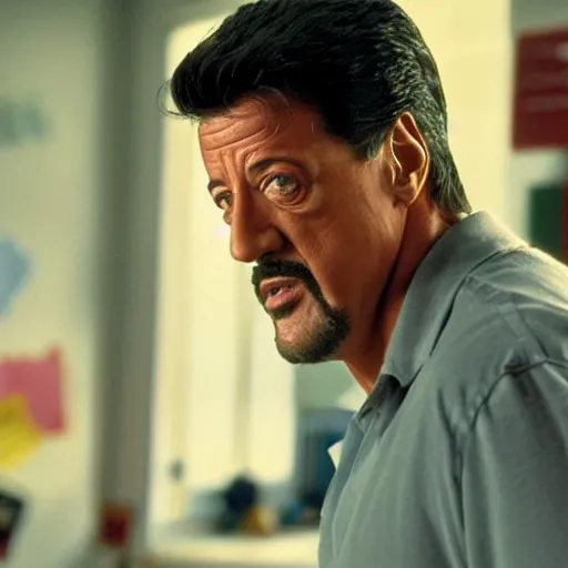 Image similar to silvester stallone in kindergartden cop, 4 k hd film still