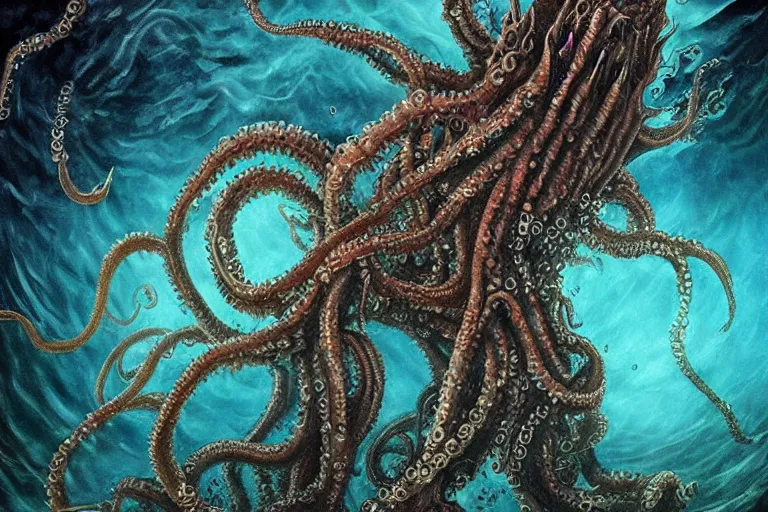 Image similar to old god eldritch horror terrifying the deep abyss of the ocean floor, epic scene, underwater photography, hyper - detailed, gigantic cthulhu, swarm of tentacles, dark art, watercolor paint, epic composition