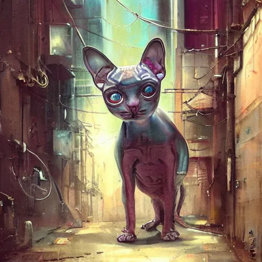 Image similar to a cyborg!! sphynx cat, in a cyberpunk alleyway by daniel gerhartz