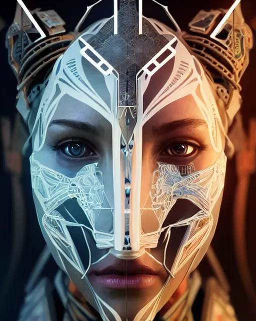 Image similar to symmetry!! portrait of a machine from horizon zero dawn, machine face, pharoanic look, intricate, elegant, highly detailed, digital painting, artstation, concept art, smooth, sharp focus, illustration, art by artgerm and greg rutkowski and alphonse mucha, 8 k