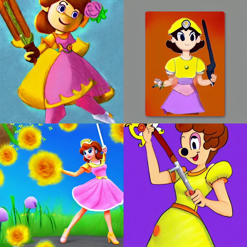 Prompt: Princess Daisy of the mushroom kingdom in a yellow and orange dress holding a floral sword, pastel colors, 4k, 100lb cardstock