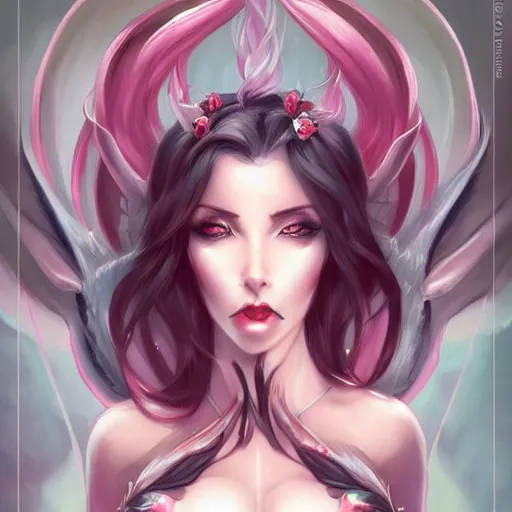 Image similar to a beautiful succubus by Loish and RossDraws and artgerm and WLOP, symmetrical portrait