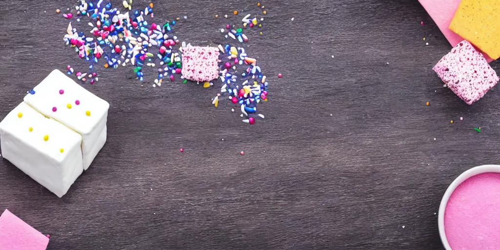 Prompt: photograph of a marshmallow cube with sprinkles and on a dark wooden chopping board, pastel colours, hessian cloth, styled food photography, photorealistic, 4 k