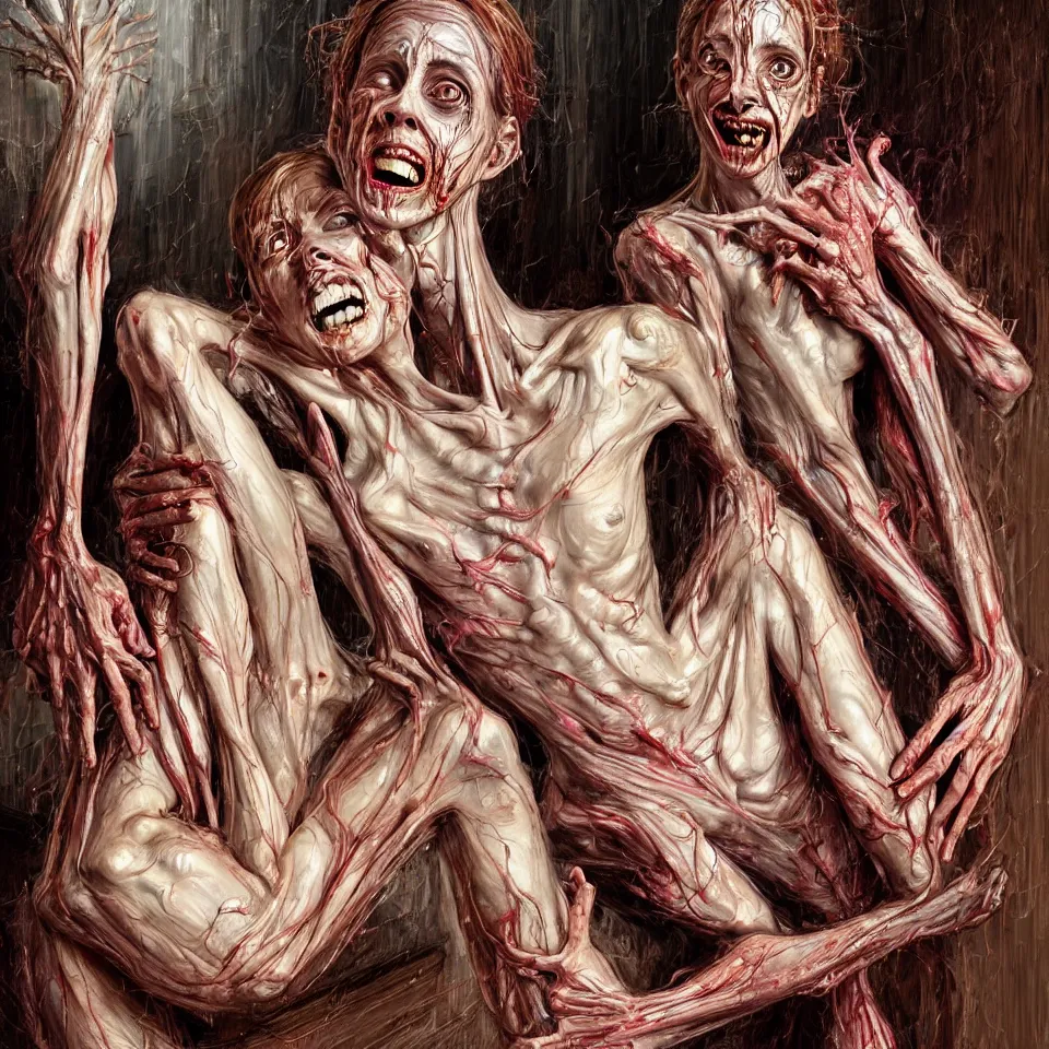 Prompt: bright realistic anorexic cult turning into gods and deamons and smiling franticly, old apartment, rotten flesh, diffuse lighting, fantasy, intricate, elegant, highly detailed, lifelike, photorealistic, digital painting, artstation, illustration, concept art, smooth, sharp focus, art by francis bacon and jenny saville