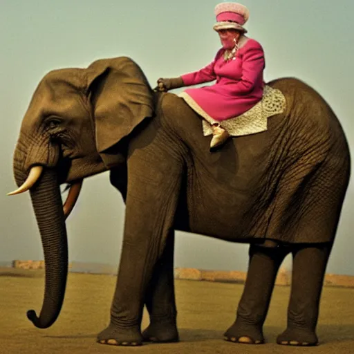 Image similar to the queen of england riding an elephant