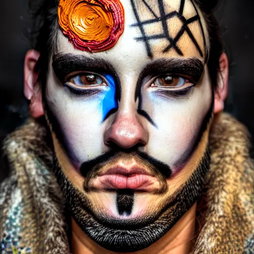 Image similar to an award finning closeup facial portrait by akseli kallen gallela luis rogyo and john howe of a bohemian easygoing and handsome male cyberpunk traveller clothed in excessivelyg fashionable 8 0 s haute couture fashion and wearing ornate body paint