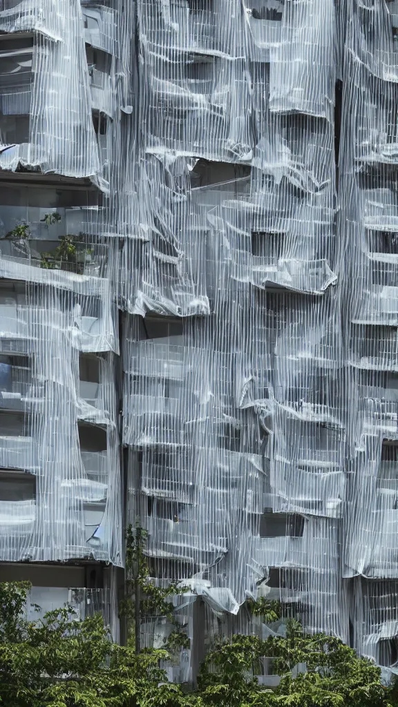 Prompt: hyperrealistic photo of a futuristic timber building in a urban setting. the building has many balconies with hanging plants and large windows. parts of the building are wrapped in billowing fabric tarps. the fabric tarps are translucent mesh with large holes for balconies and windows. the fabric blows in the strong wind from metal scaffolding. 8 k