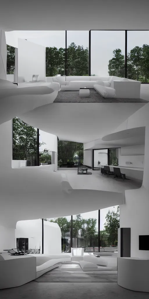 Prompt: inside an inflatable minimalist contemporary home. The inflatable fabric in white with black stitching. A tall, double-height living room and kitchen. Architectural photography. Unreal engine, 4K, 8k.