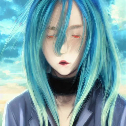 Prompt: side profile of rimuru tempest with sky blue hair, long hair, sharp face, gold eyes, high collar, black jacket | shiny, highly detailed, rain, professional digital painting, concept art, award - winning photography, cinematic, wlop | art by pixiv art, yoshitaka amano, junji ito