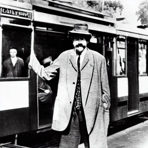 Prompt: gaudi stopping a tram with one hand while smiling