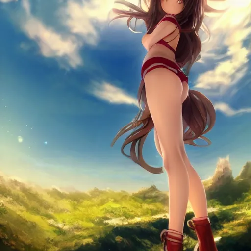 Image similar to a giant macro very beautiful young yuuki asuna, full body, long wavy hair, sky blue eyes, full round face, bikini, miniskirt, standing next to a dwarf, cinematic wallpaper by stanley artgerm lau