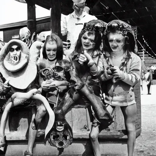 Prompt: photo of Cthulu having fun at the county fair with his friends, 1970s, 4k