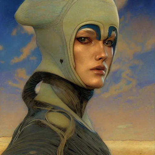 Image similar to beautiful female Fremen on Dune, by Edgar Maxence and Ross Tran and Michael Whelan and Gustav Klimpt