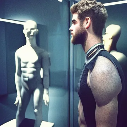 Image similar to “ a realistic detailed photo of a guy who is an attractive humanoid who is half robot and half humanoid, who is a male android, actor liam hemsworth, shiny skin, posing like a statue, blank stare, at the museum, on display ”