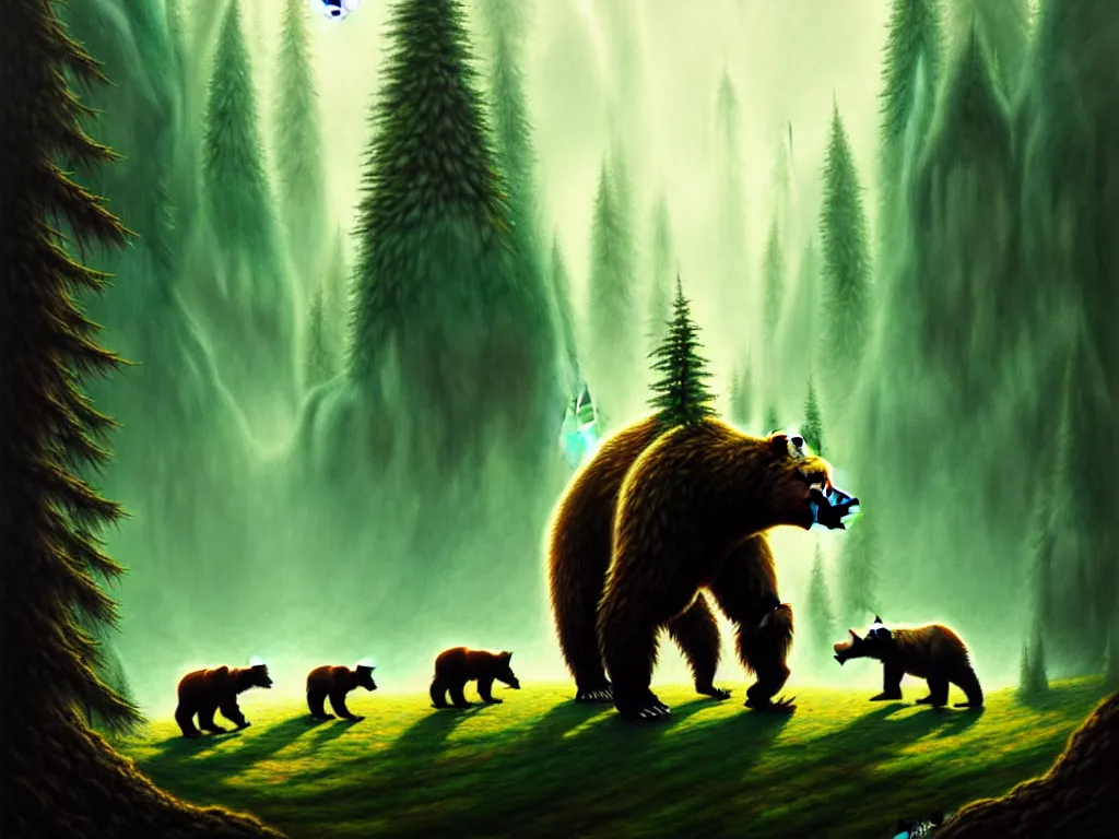 Prompt: highly detailed concept art of colossal bear facing off against an herd of goblins in a middle - earth forest, an ultrafine detailed painting, trending on deviantart, neo surrealism, sharp focus, octane, masterpiece, art by anato finnstark