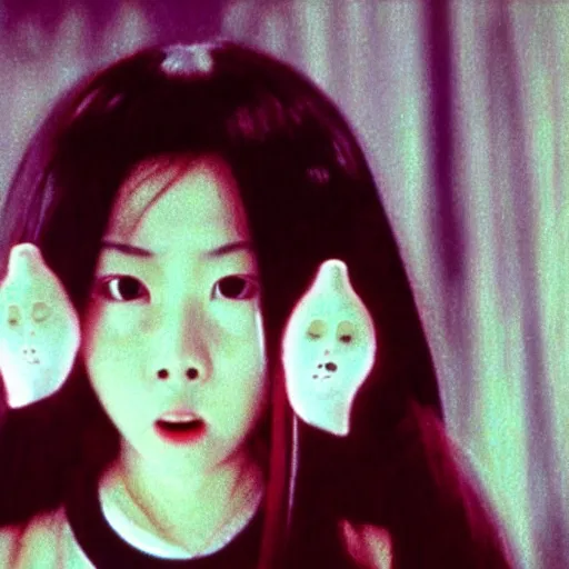 Image similar to a japanese horror movie from the 90's featuring a scary female ghost