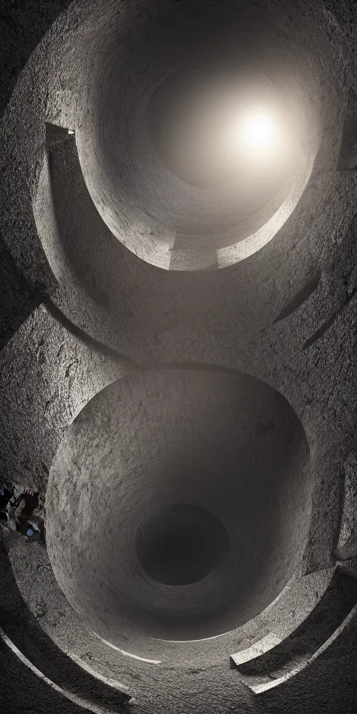 Image similar to a vertical prison in a pit with a hole in the center. dark style, cinematic lighting, side view