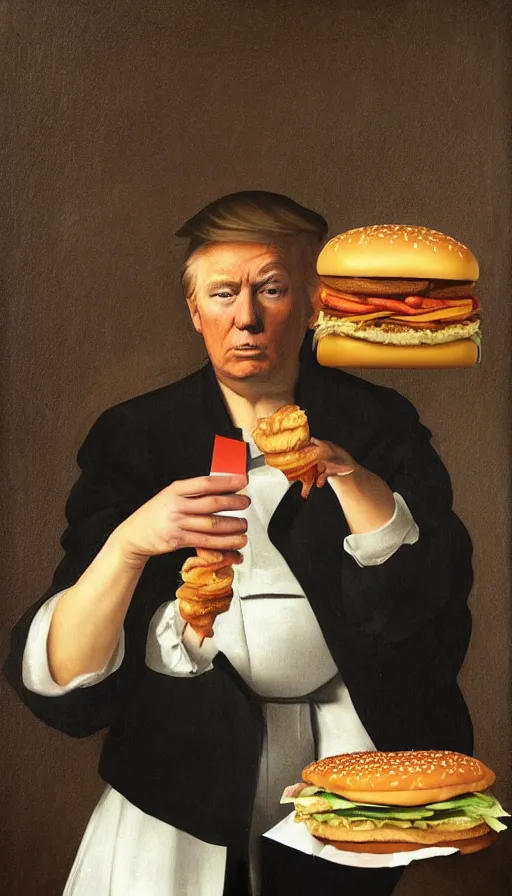 Image similar to still life painting of Donald Trump holding a McDonalds Big Mac, by Caravaggio, hyperrealistic, botanical print