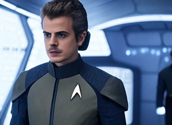 Prompt: Hayden Christensen plays as captain in Star Trek Discovery, engine room and warp core in the background, 35mm photography, highly detailed, cinematic lighting, 4k