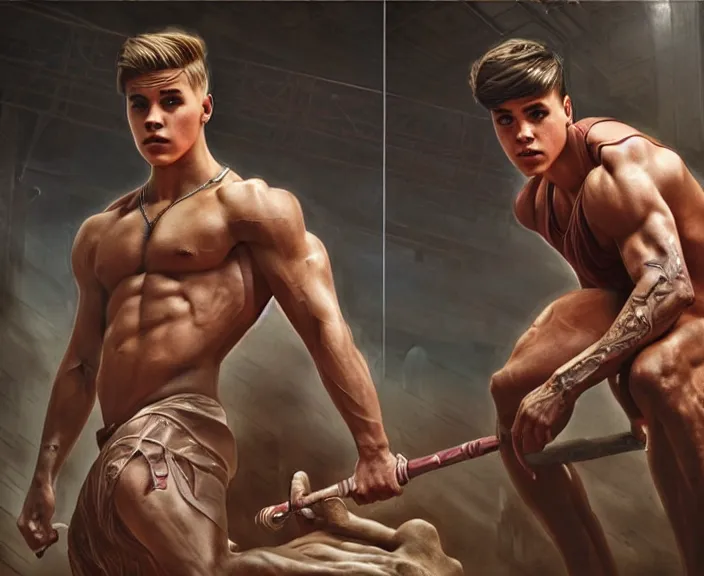 Image similar to An athletic Justin Bieber as a body builder in a Horizon Forbidden West loading screen, muscular, ripped, intricate, dystopian, fantasy, extremely detailed, digital painting, artstation, concept art, smooth, sharp focus, illustration, stark lighting, incredible art by artgerm and greg rutkowski and alphonse mucha and simon stalenhag
