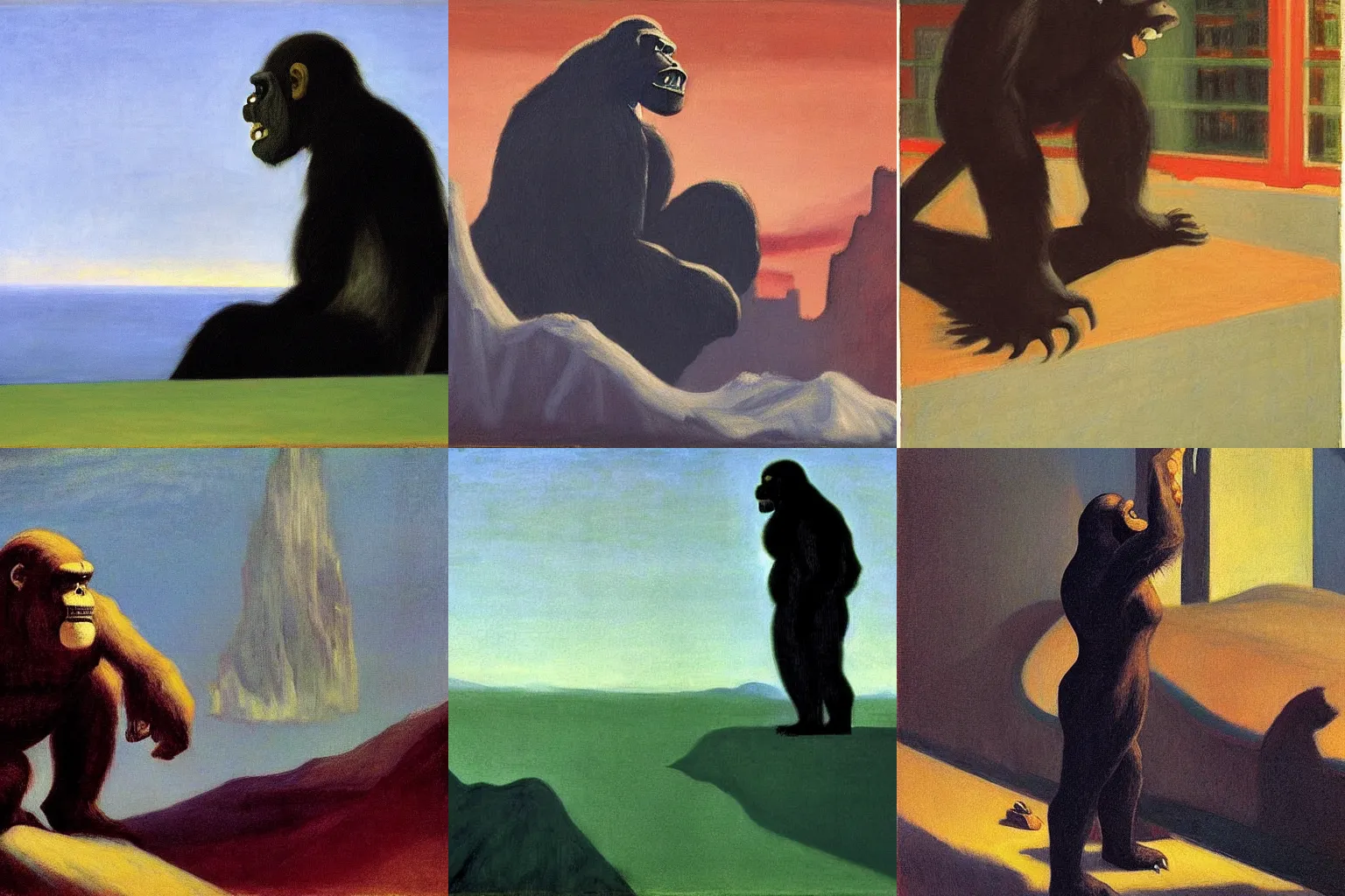 Prompt: lost painting of King Kong by Edward Hopper