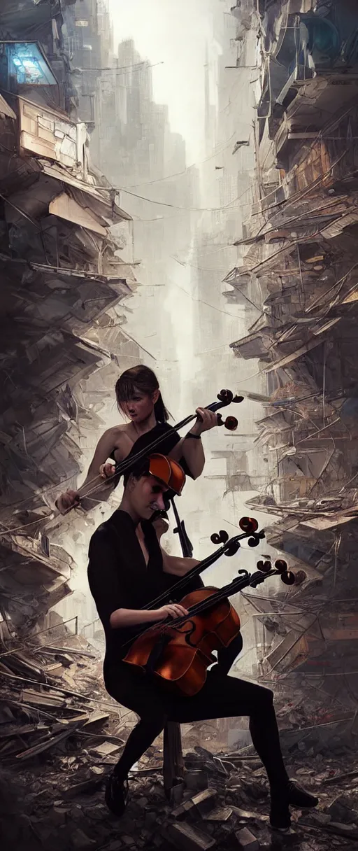 Prompt: a highly detailed portrait of a singular cellist playing in the rubble of a fallen building in a cyberpunk city, beautifully lit, concept art, sharp focus, in the style of steve argyle, artstation HD, artgerm, octane render