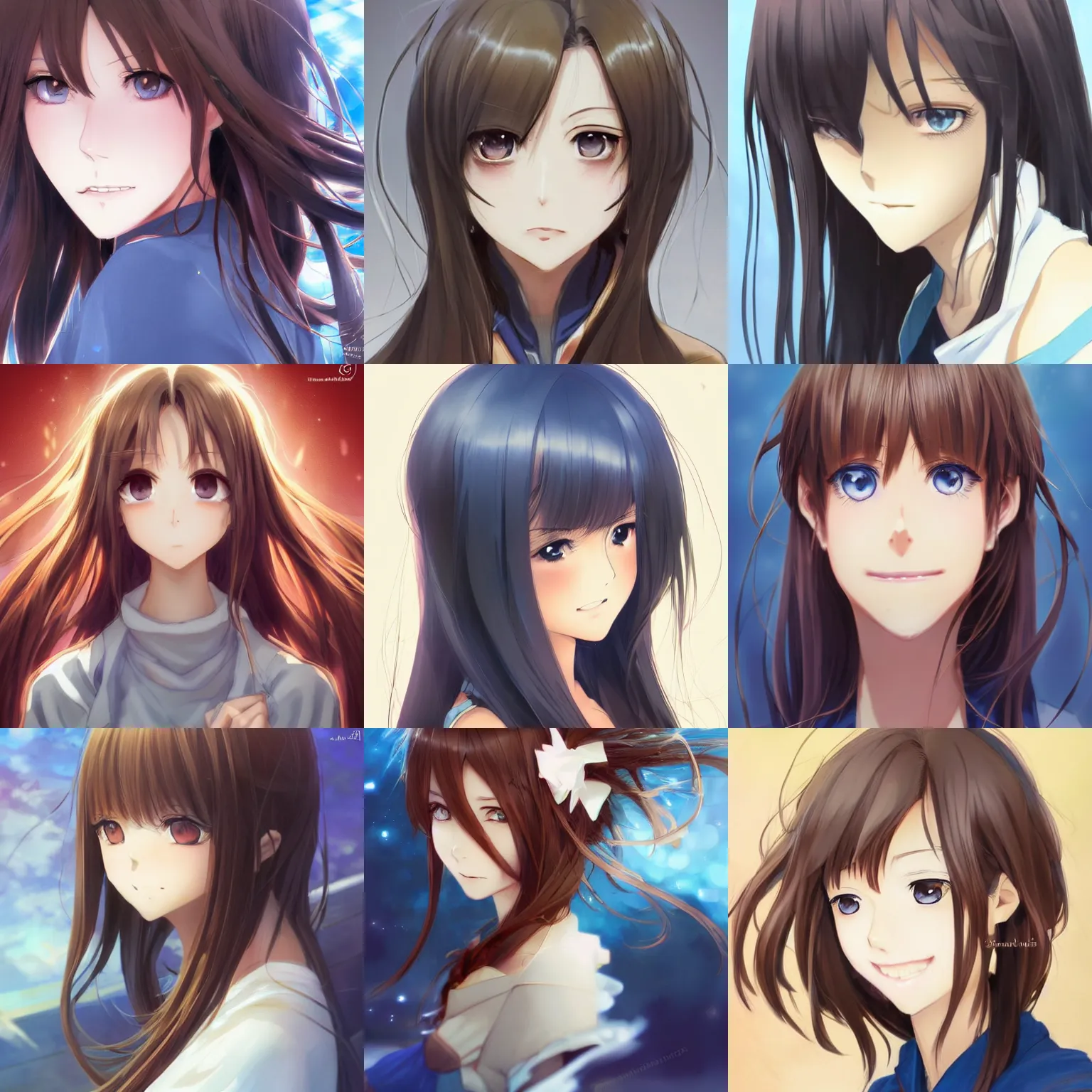 Prompt: An anime drawing of a beautiful woman with straight brown hair looking straight, she has a pretty smile, bright blue eyes, without glasses, and her whole head in the frame, by Stanley Artgerm Lau, WLOP, Rossdraws, James Jean, Andrei Riabovitchev, Marc Simonetti, and Sakimi chan, trending on artstation