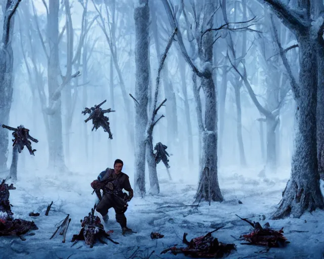 Image similar to jango fett is surrounded by 2 0 dead corpses bodies with blood on the ground in a snow forest, concept art highly detailed, great cinematic lighting, octane render, 8 k, depth of field, 3 d, art by greg rutkowski, trending on artstation, cinematographic shot