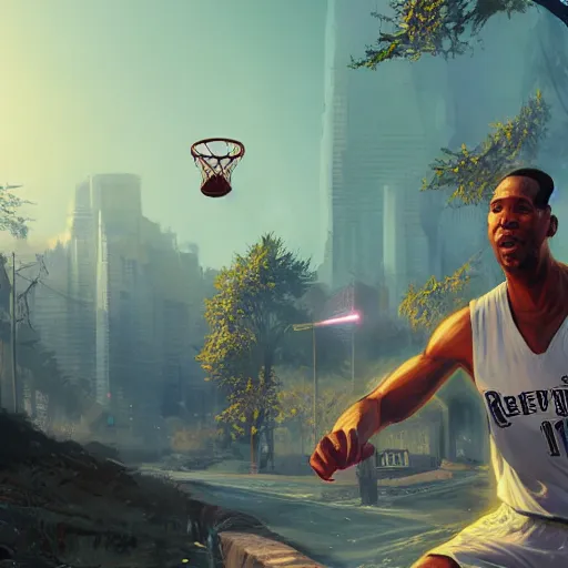 Image similar to highly detailed basketball player, in gta v, stephen bliss, unreal engine, fantasy art by greg rutkowski, loish, rhads, ferdinand knab, makoto shinkai and lois van baarle, ilya kuvshinov, rossdraws, tom bagshaw, global illumination, radiant light, detailed and intricate environment