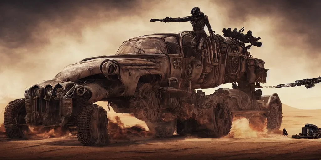 Image similar to Darth Vader standing on the hood of a driving post apocalyptic battle car in the desert and weilding a flamethrower, Mad Max Fury Road style, sandstorm