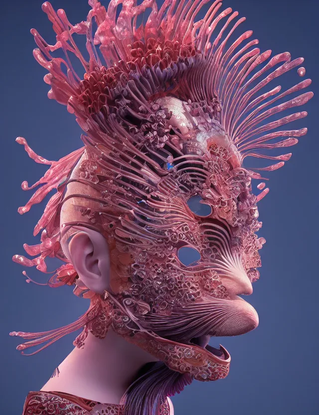 Image similar to 3 d venus goddess close - up profile portrait biomechanics. beautiful intricately detailed japanese crow kitsune mask and clasical japanese kimono. betta fish, jellyfish phoenix, bio luminescent, plasma, ice, water, wind, creature, artwork by tooth wu and wlop and beeple and greg rutkowski