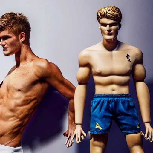 Image similar to a realistic detailed photo of a guy who is an attractive humanoid who is half robot and half humanoid, who is a male android, soccer players martin ødegaard & timo werner, shiny skin, posing like a statue, blank stare, in a living room, on display, showing off his muscles, gold soccer shorts, side view