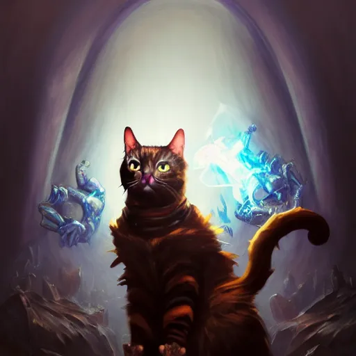 Image similar to Oil Painting of Cat, Anthropomorphized, casting evil spell, magic the gathering artwork, horror, D&D, fantasy, cinematic lighting, centered, symmetrical, highly detailed, digital painting, artstation, concept art, smooth, sharp focus, illustration, volumetric lighting, epic Composition, 8k, art by Akihiko Yoshida and Greg Rutkowski and Craig Mullins, oil painting, cgsociety