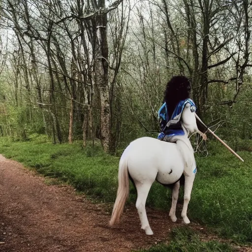 Image similar to night green security footage of a teenager with short black curly hair on the woods riding a real unicorn
